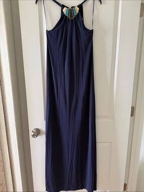Trina Turk Navy Blue Halter Maxi with Geometric Neck Detail